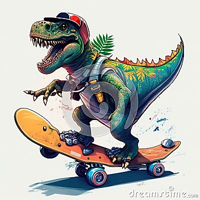 Skate or Die-saur: 90s Dinosaur Skateboarding - Generative AI Stock Photo