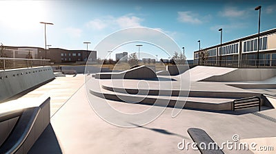 Skate Park With Ramps And Rails Awaiting Skaters. Generative AI Stock Photo