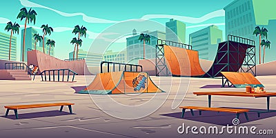 Skate park with ramps in tropical city Vector Illustration