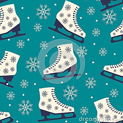 Skate. Seamless Christmas pattern on blue background. Vector Illustration