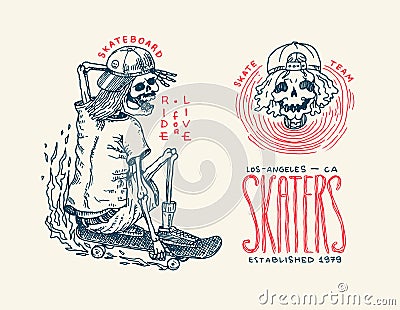 Skateboard badges and logo. Vintage retro Template for t-shirt and typography. Skeletons ride on the boards concept and Vector Illustration