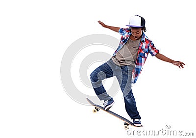 Skateboard, black boy and kid in a studio with mockup and jump trick with young style. Isolated, white background and Stock Photo