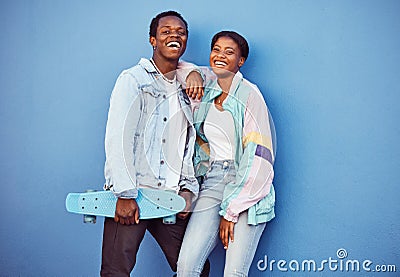 Skateboard, black couple and happiness portrait together for youth, gen z and summer motivation outdoor. African man Stock Photo