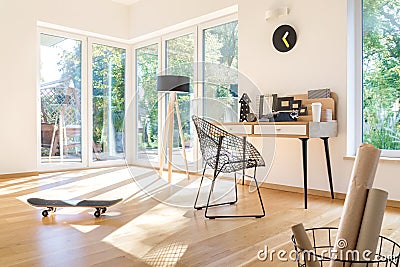 Skateboard in bright workspace Stock Photo