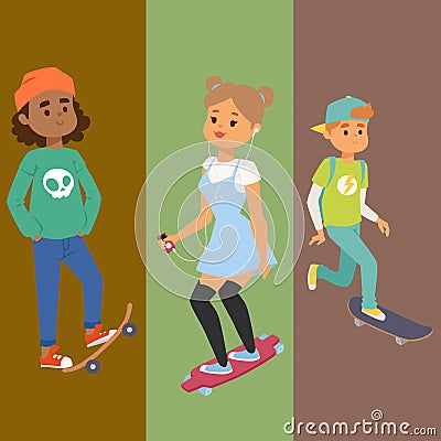 Skateboard characters vector banner stylish skating kids illustration skate cartoon male activity extreme skateboarding Vector Illustration