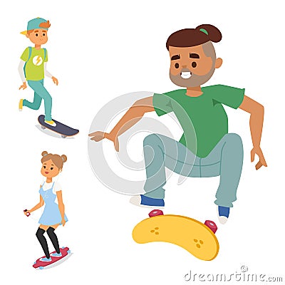 Skateboard characters vector stylish skating kids illustration skate cartoon male activity extreme skateboarding icon. Vector Illustration
