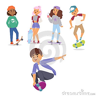 Skateboard characters vector stylish skating kids illustration skate cartoon male activity extreme skateboarding icon. Vector Illustration