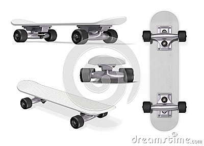 Skateboard from different angles on a white background. 3d rendering Stock Photo