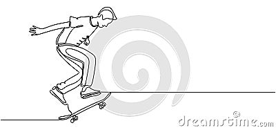 Skateboard game player continuous one line drawing. Skaters showing skills sport theme lineart. Editable stroke vector Vector Illustration