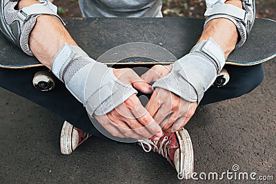 Skateboard halmet, elbow and gloves protection Stock Photo