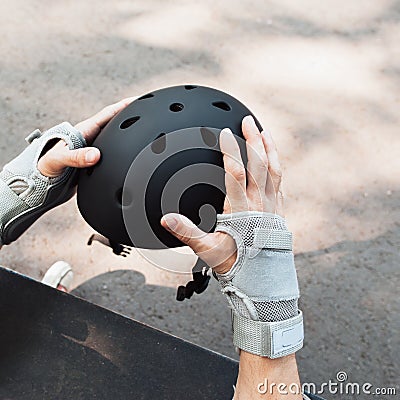 Skateboard halmet and gloves acessorise Stock Photo