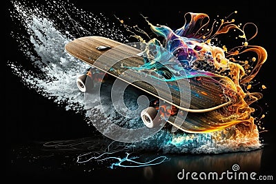 Skateboard with multicolored splashes of water on a black background Cartoon Illustration