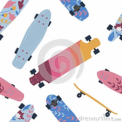 Skateboard pattern with vector different skate decks in flat design. Skateboarding seamless background with boards of different Vector Illustration