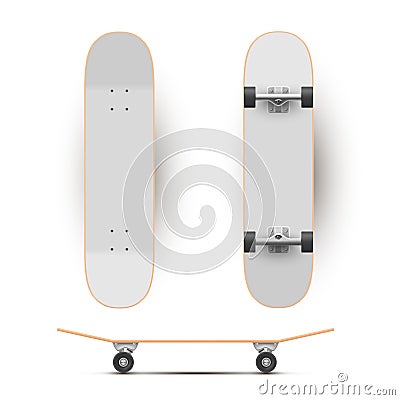 Skateboard realistic blank templates set. Longboard mock ups. Urban teen extreme sport equipment. Stock Photo