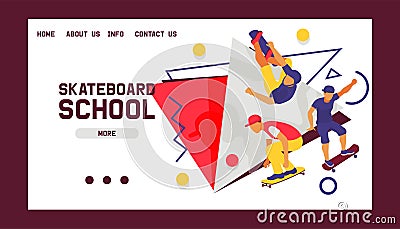 Skateboard school banner web design cards vector illustration. Teenagers riding and doing tricks, jumping on skate Vector Illustration