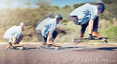 Skateboard, sports and man with speed in action on road ready for adventure, freedom and exercise on mountain Stock Photo