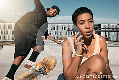 Skateboard, summer and phone call with friends at urban city hangout in sunshine together. Skater people at recreation Stock Photo