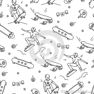 Skateboard, a teenager performs tricks with a seamless pattern on a white background. Vector illustration. Vector Illustration