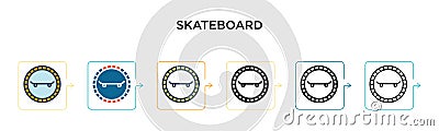 Skateboard vector icon in 6 different modern styles. Black, two colored skateboard icons designed in filled, outline, line and Vector Illustration