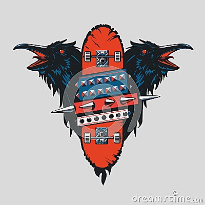 Skateboard vintage poster. Skate punk emblem with birds. Tattoo style. Vector Illustration