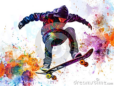 a skateboarder in action, painted in a vibrant watercolor style with colorful splashes highlighting the intensity and movement on Stock Photo