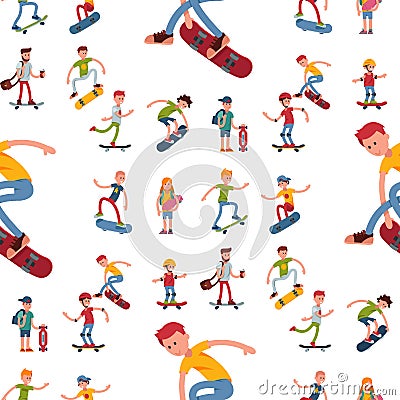 Skateboarder active people seamless pattern background sport extreme active skateboarding urban jumping tricks vector Vector Illustration