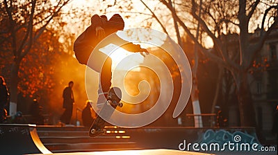Skateboarder caught mid-trick at a skatepark during a golden sunset with onlookers in the soft-focus background. Stock Photo