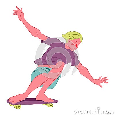 Skateboarder guy flat vector illustration. Guy rides a skateboard with his hands wide open. Isolated character Vector Illustration