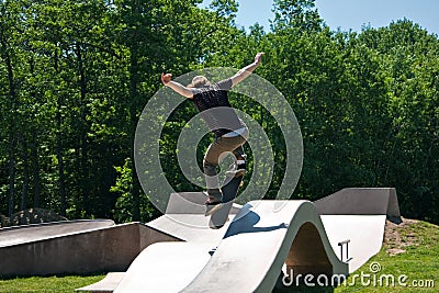 Skateboarder Jumping Skate Ramp Stock Photo