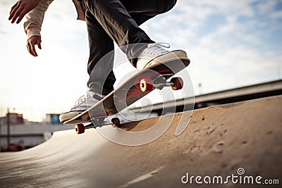 Skateboarder skateboarders legs performing jumping trick young skater guy action freestyle skateboarding practice jump Stock Photo