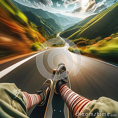 Skateboarder takes an exhilarating ride down a winding country road Stock Photo