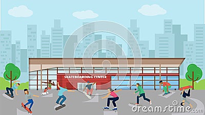 Skateboarders different active people outdoors vector illustration. Skateboarding extreme sport city urban center Vector Illustration