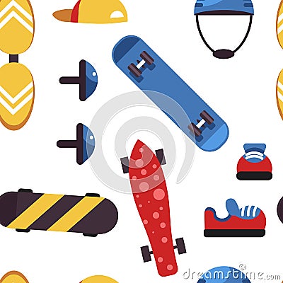 Skateboarding seamless pattern skateboarder equipment skate and helmet Vector Illustration