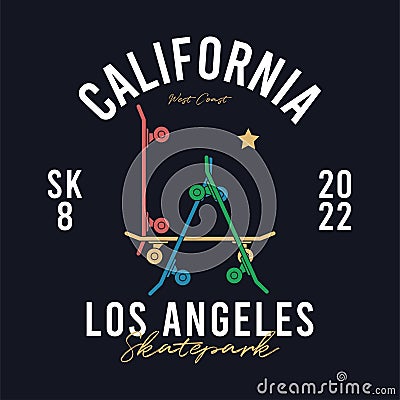 Skateboarding t-shirt design. California, LA skatepark print for t-shirt with skateboards. Tee shirt and apparel print for skate Vector Illustration