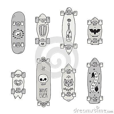 Skateboards and longboards black & gray scary cartoon vector set Vector Illustration