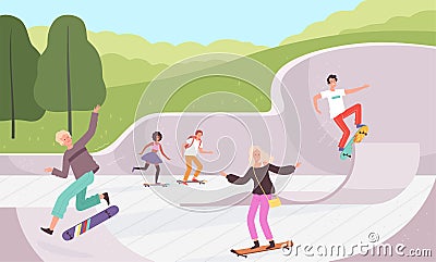 Skatepark. Outdoor extreme activities skateboarders lifestyle urban park action characters vector background Vector Illustration