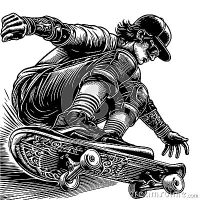 Skater performing trick in monochrome illustration style. Raster, generative ai. Cartoon Illustration