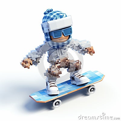 8 Bit Pixel Snowboarding Cartoon Illustration On White Background Stock Photo