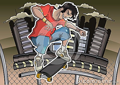 Skater performs a trick Cartoon Illustration