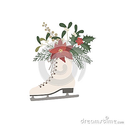 Skates with Winter Bouquet. Christmas Decoration. Stock Photo