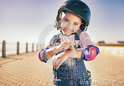 Skating injury, first aid or child portrait with bandage bruise from skate, cycling or accident in street. Happy, smile Stock Photo