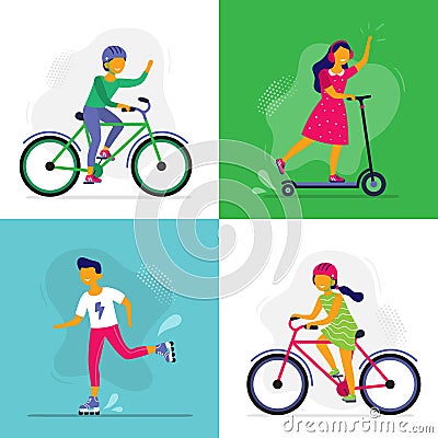 Skating kids. Children ride bike, rollerblades and scooter. Rollerblading childrens, friends riding together vector illustration Vector Illustration