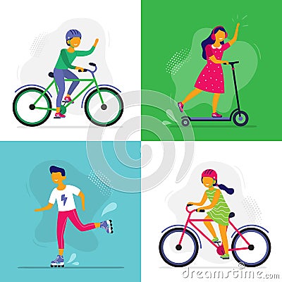 Skating kids. Children ride bike, rollerblades and scooter. Rollerblading childrens, friends riding together vector illustration Cartoon Illustration