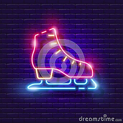 Skating neon icon. Winter active outdoor leisure ice skates. Skate rental sign. Winter sports concept. Sports figure skating Vector Illustration