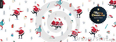 Skating Santa Clauses and Deers - Merry Christmas and New Year seamless pattern Vector Illustration