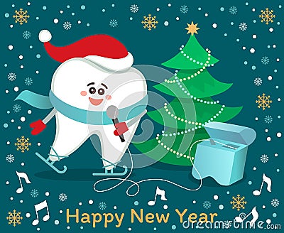 Skating singing cartoon tooth with Christmas tree. Stock Photo