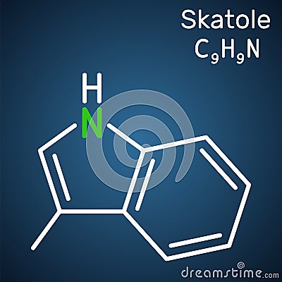 Skatole, 3-methylindole molecule. Belong to the indole family. Dark blue background. Vector Illustration