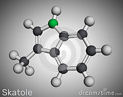 Skatole, 3-methylindole molecule. Belong to the indole family, used as fragrance and fixative in many perfumes and as aroma Stock Photo