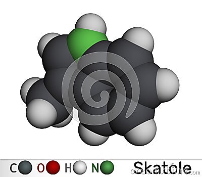 Skatole, 3-methylindole molecule. Belong to the indole family, used as fragrance and fixative in many perfumes and as aroma Stock Photo