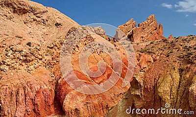 Skazka canyon in Kyrgyzstan with colourful sandstone rocks,Issyk Stock Photo